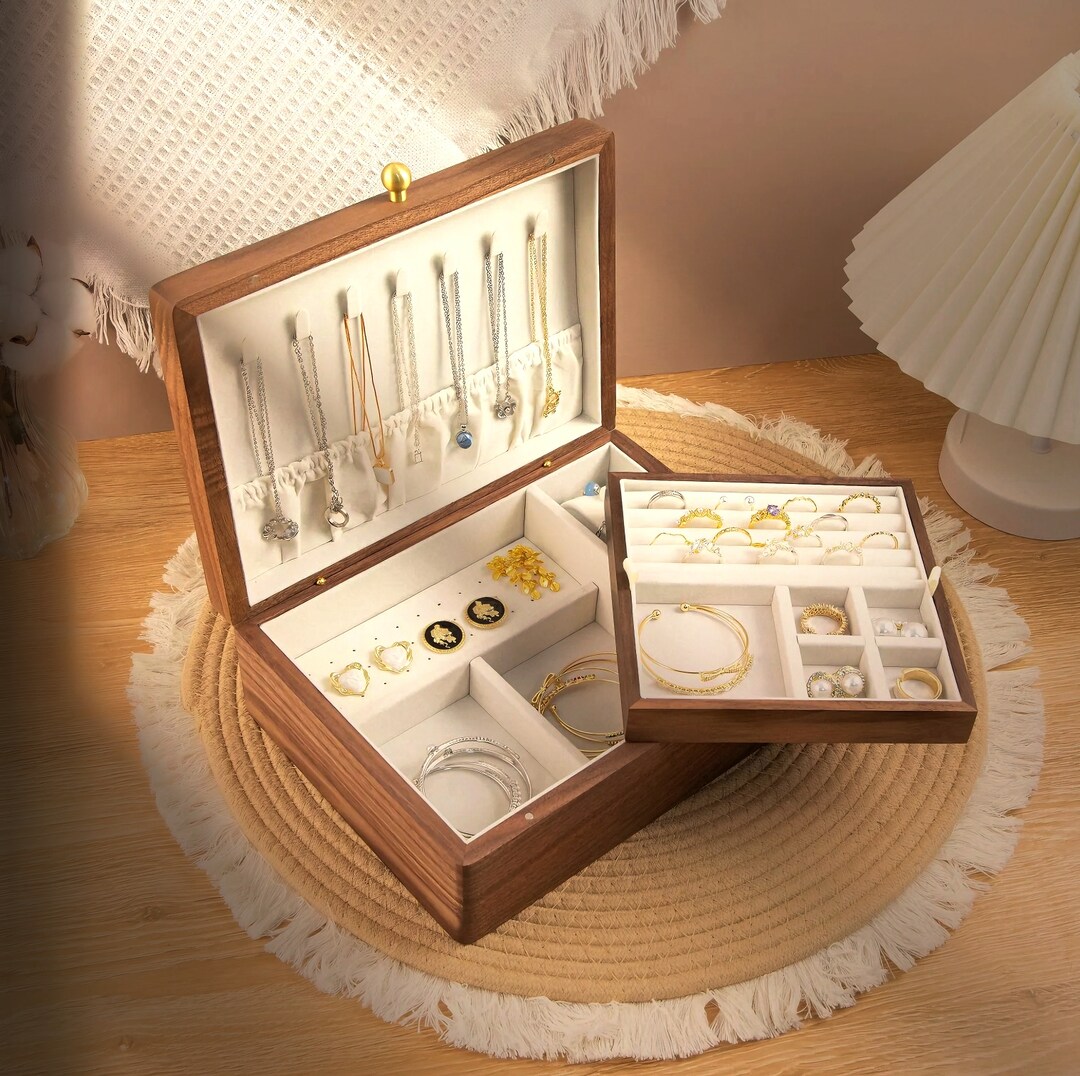 Custom Walnut Jewelry Box, Personalized Retro Jewelry Organizer, Golden Knobs Retro Necklace Storage Box, Wedding Gift, Anniversary Gift